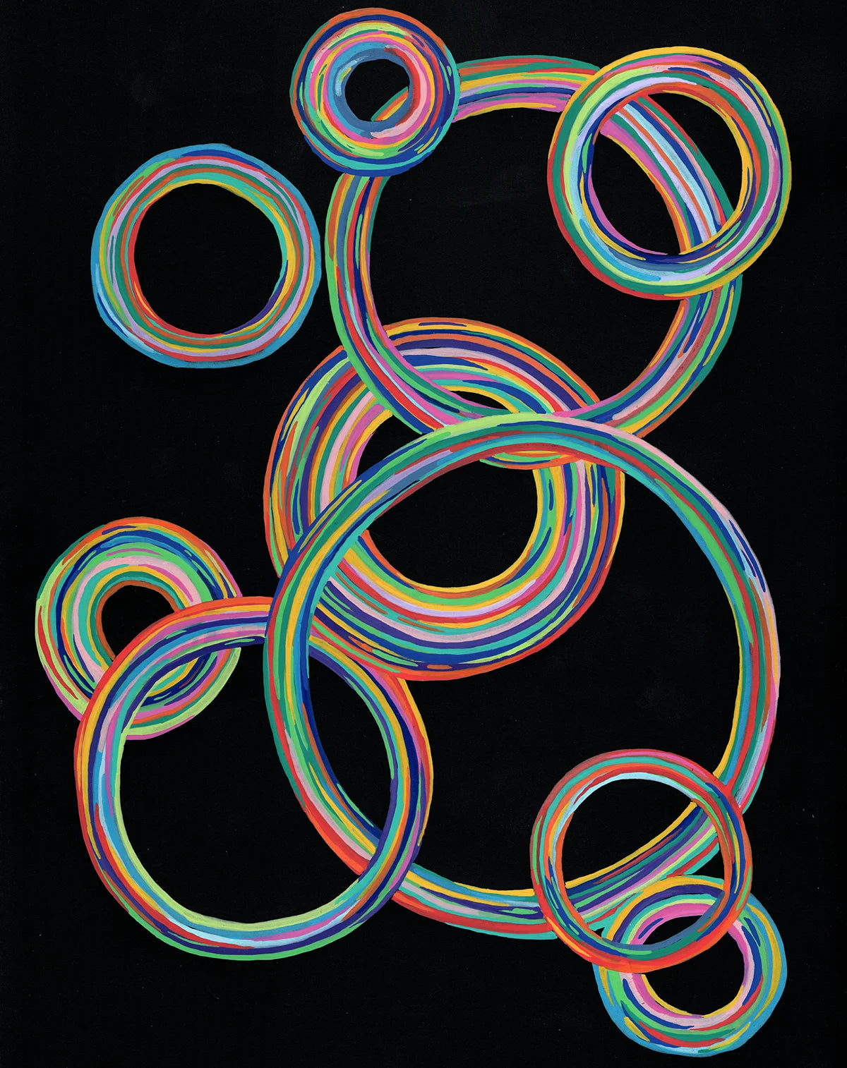 Abstract artwork featuring multiple hand-drawn concentric circles and rings in vibrant colors like blue, green, pink, and orange, layered over a solid black background.