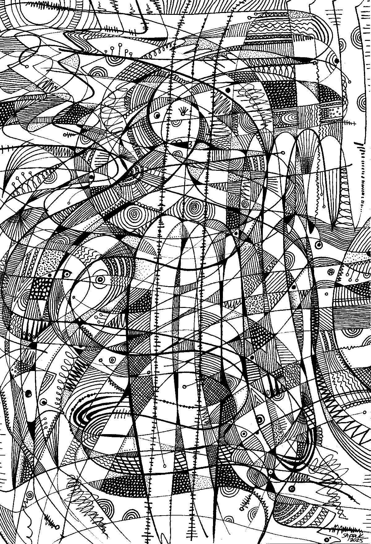 Highly intricate, hand-drawn abstract linework on a white background featuring layers of geometric shapes, and flowing lines that form the abstract silhouette of a girl surrounded by her favorite animals.