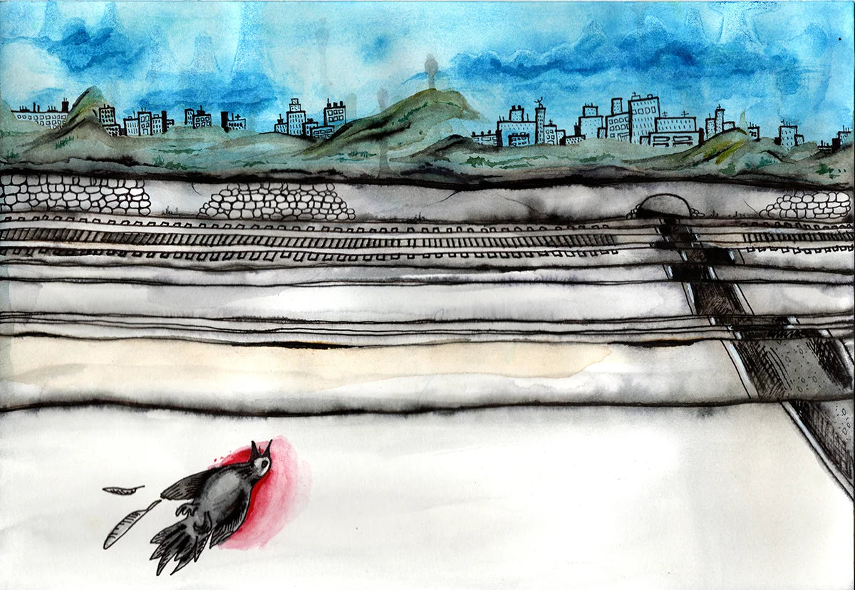 Original hand-painted watercolor of an abstract cityscape, rolling hills, and a dramatic raven expired in the foreground, under a blue sky. 
