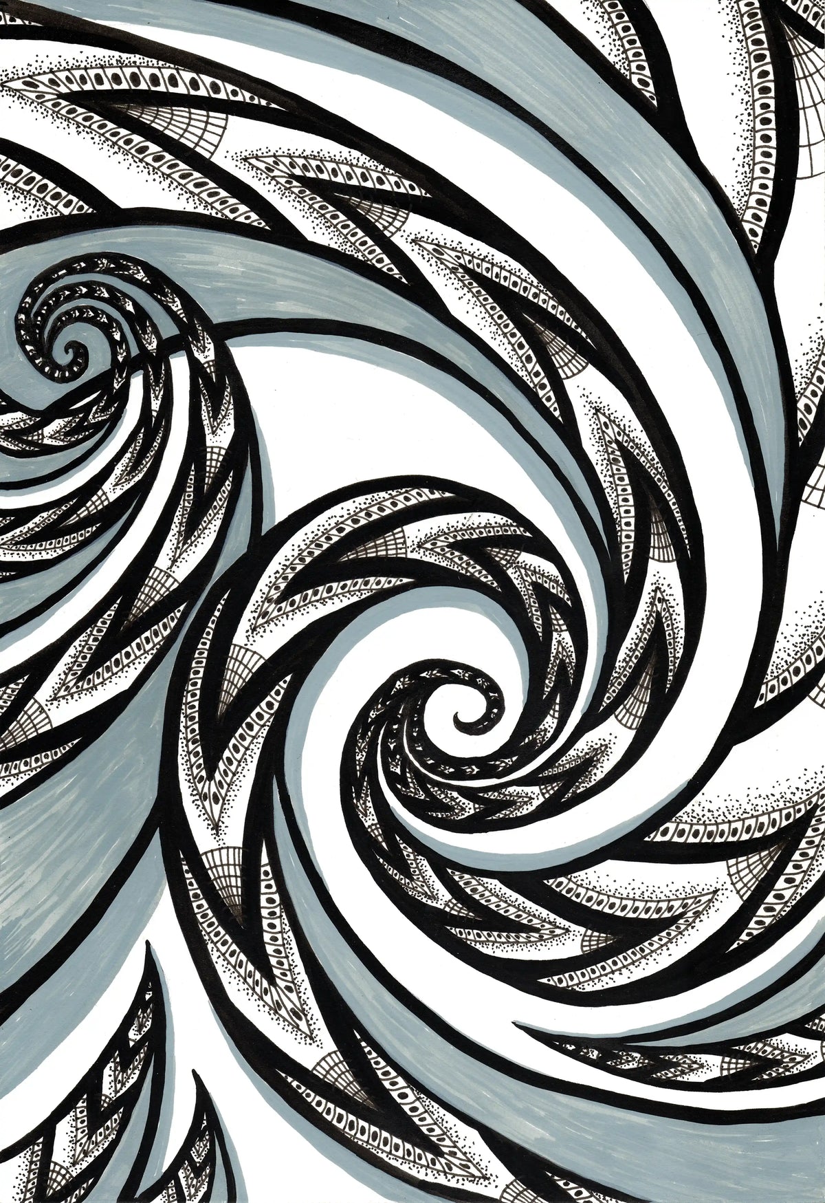 Abstract depiction of ocean waves using tribally inspired black and white swirl pattern with layered spiral bands and fine dotted line details on a white background.
