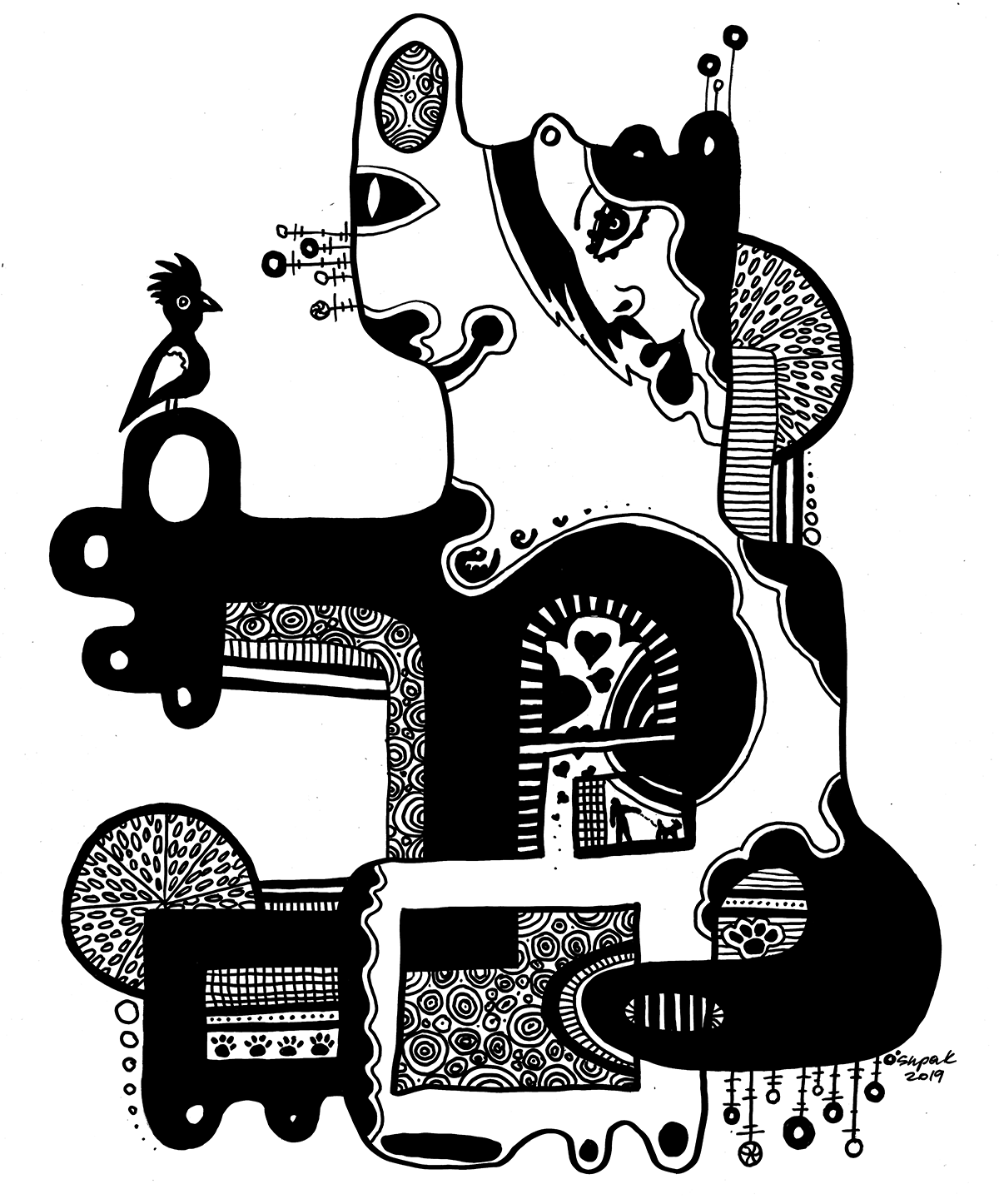 Original hand-drawn black and white ink drawing featuring a whimsical abstract cat with a small bird perched in the hand, and intricate geometric patterns, lines, and paw print details.