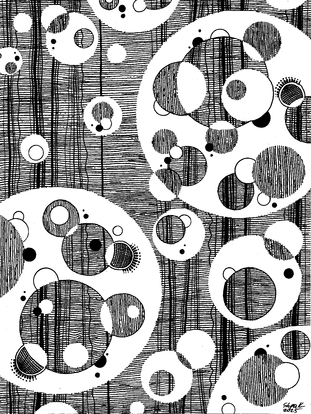 Original black and white ink drawing titled Bubblebath by Neon Starling, featuring intricate hand-drawn patterns of crooked lines, overlapping circular bubble shapes, and geometric textures using negative space.