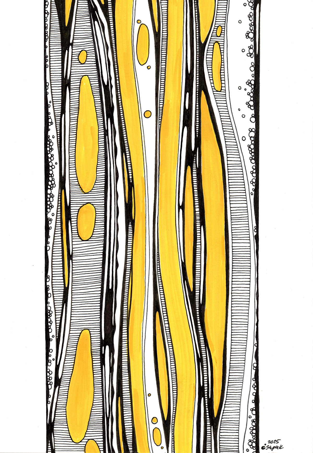 Original ink and acrylic painting titled Buttery Flows by Neon Starling, featuring a hand-drawn abstract rendition of a retro lava lamp with bright yellow flowing liquid shapes and intricate black linework patterns on a white background.