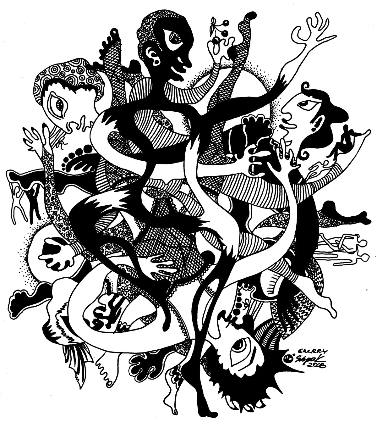 Black and white abstract art print featuring a swirling composition of stylized human figures, faces, and gestural forms filled with hatching, stippling, and line patterns.