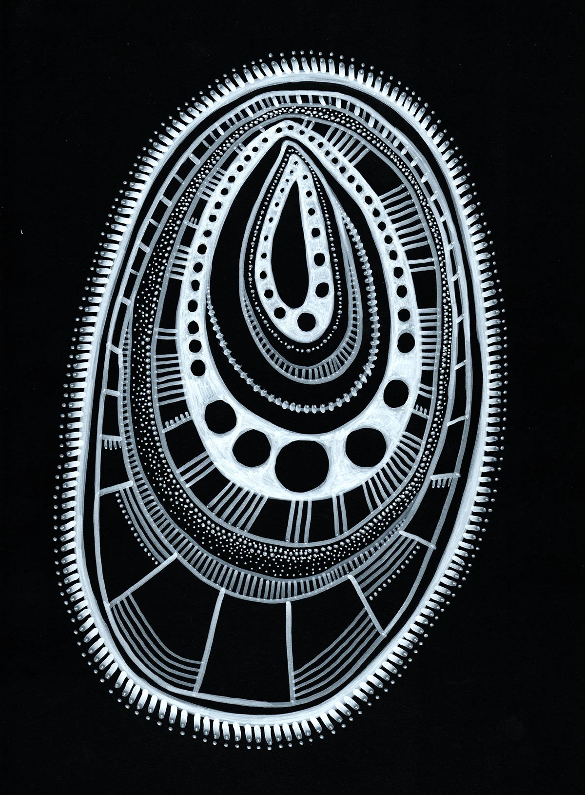 Original hand-drawn painting titled Cilia No.1 by Neon Starling, featuring striking white acrylic patterns, flowing lines, and intricate geometric textures on a deep black background, representing the movement of a human cell.