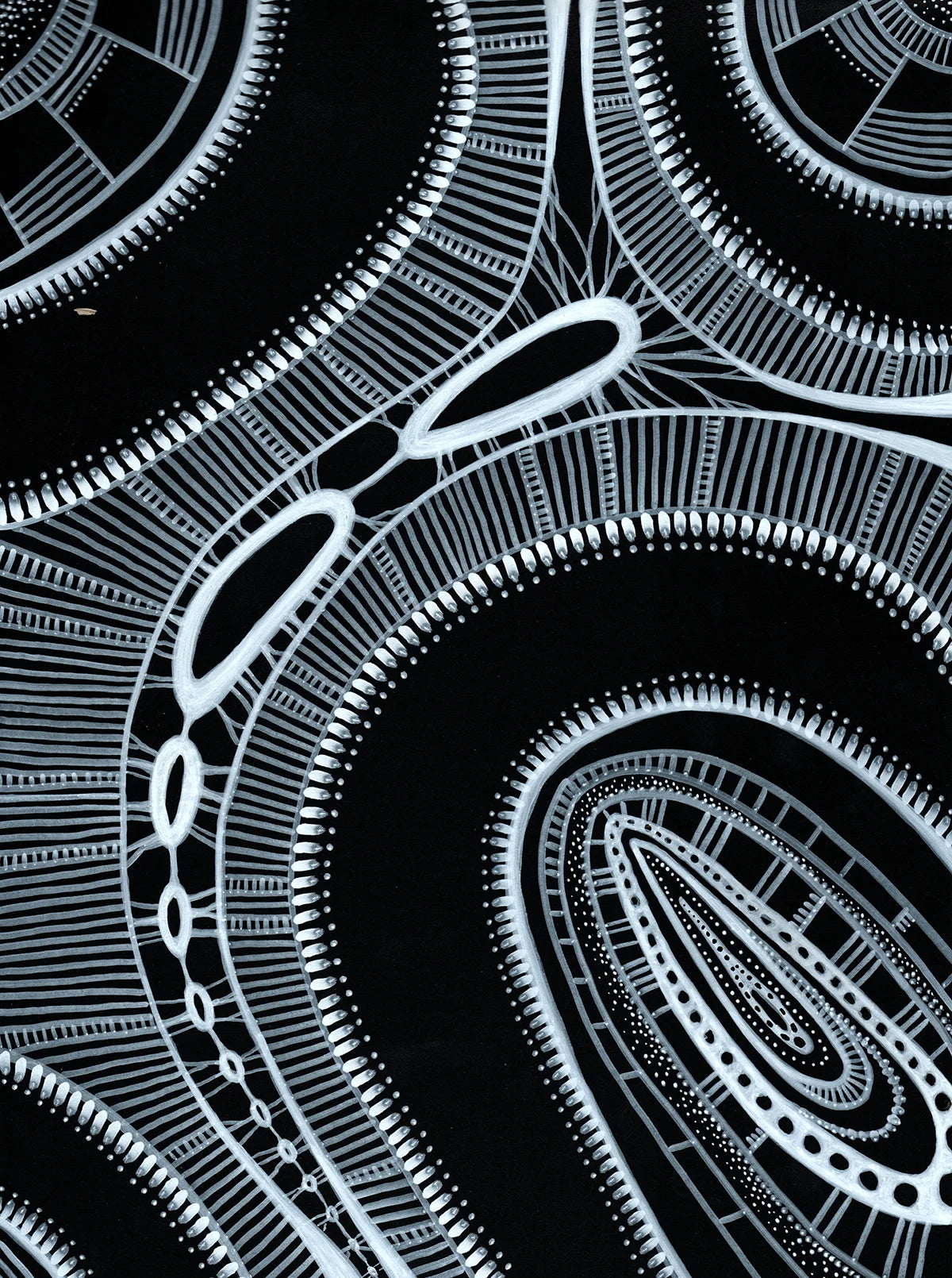 Original hand-drawn painting titled Cilia No.2 by Neon Starling, featuring intricate white acrylic patterns, interconnected oval shapes, and flowing geometric linework on a solid black background, depicting the macro movement of a cell.