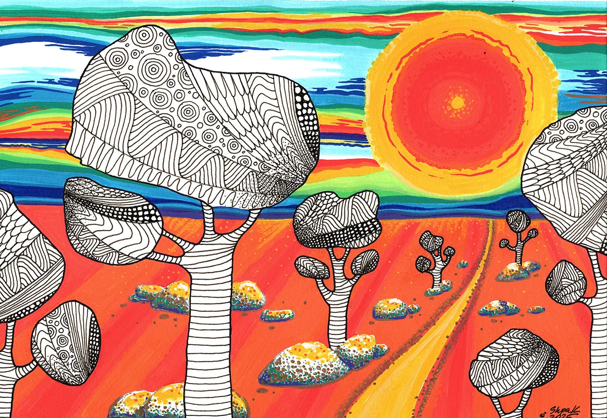 Original hand-drawn painting titled Desert Sunset by Neon Starling, featuring a large, glowing orange-red sun under a striped, multicolored sky, with a vivid orange landscape populated by abstract trees filled with intricate black and white geometric patterns.
