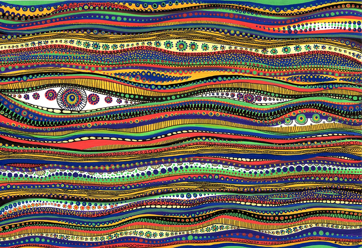 Original hand-drawn acrylic painting titled Down to the Socks by Neon Starling, featuring a highly detailed, vibrant abstract pattern of colorful wavy lines, intricate dots, bubbles, half-shell shapes, and imperfect stitches surrounding a central eye motif.