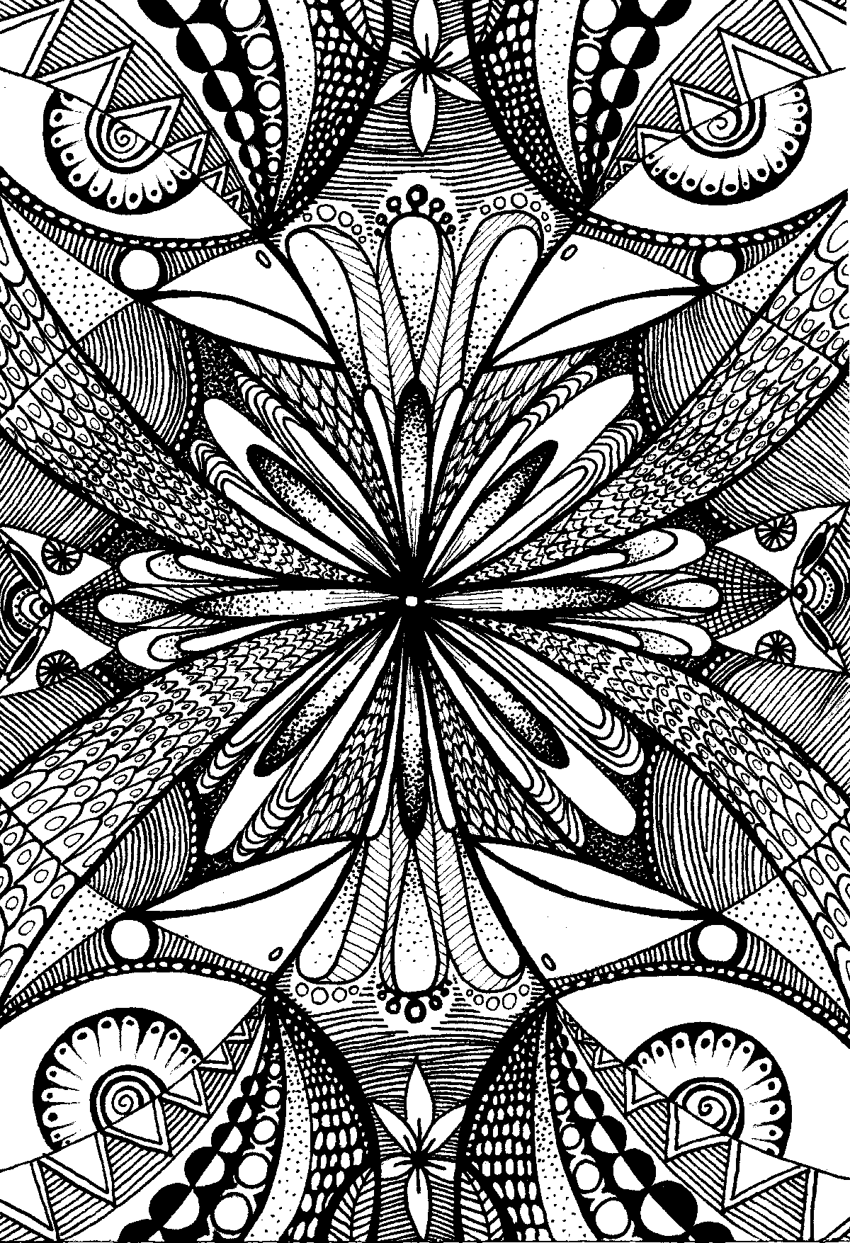 Original black ink drawing titled Eagle Warrior by Neon Starling, featuring a kaleidoscopic representation of an eagle using highly detailed geometric shapes, intricate feathers, and tribal-inspired precision line art.