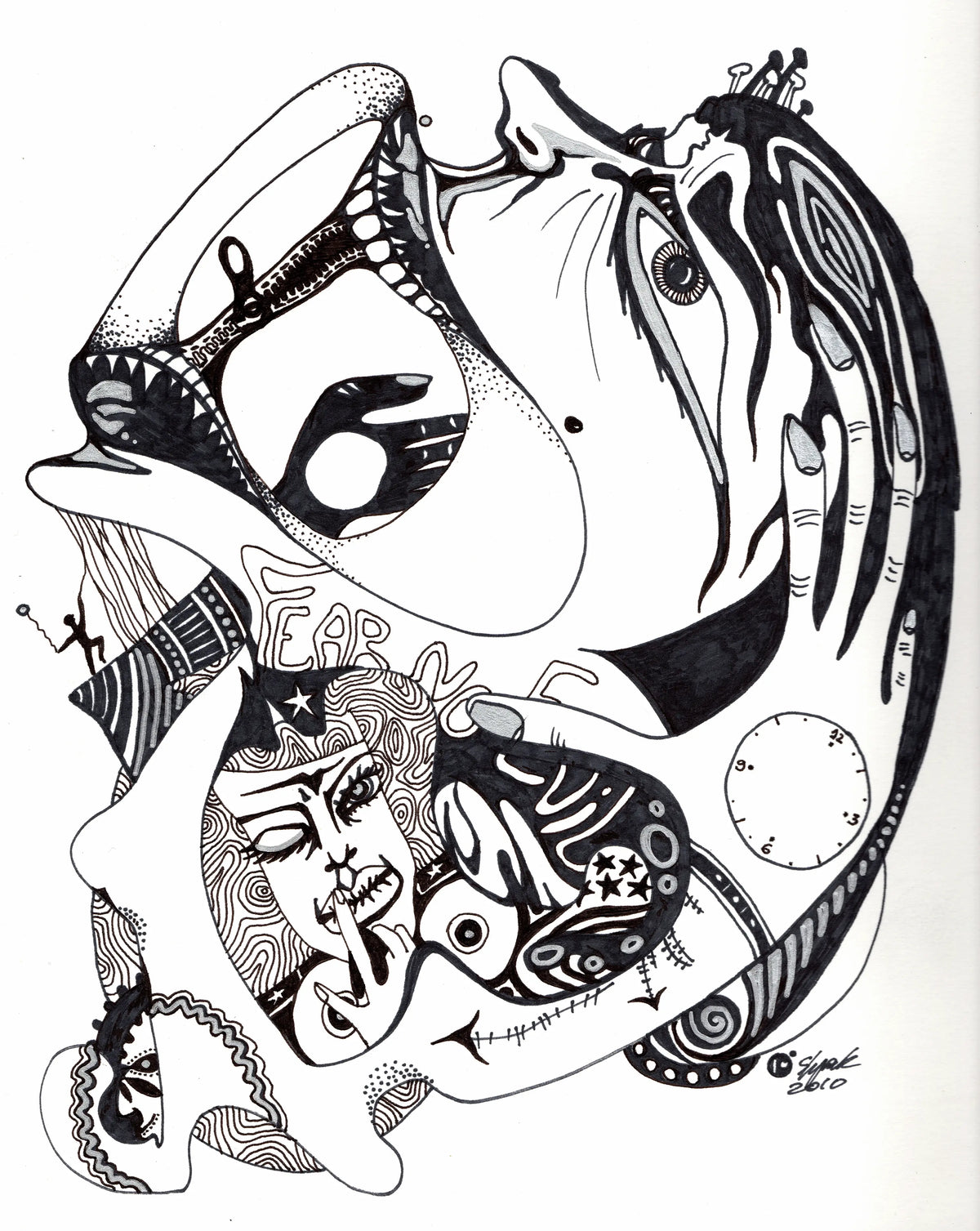 Black and white abstract line art illustration featuring surreal, distorted faces and organic shapes with intricate patterns on a white background.