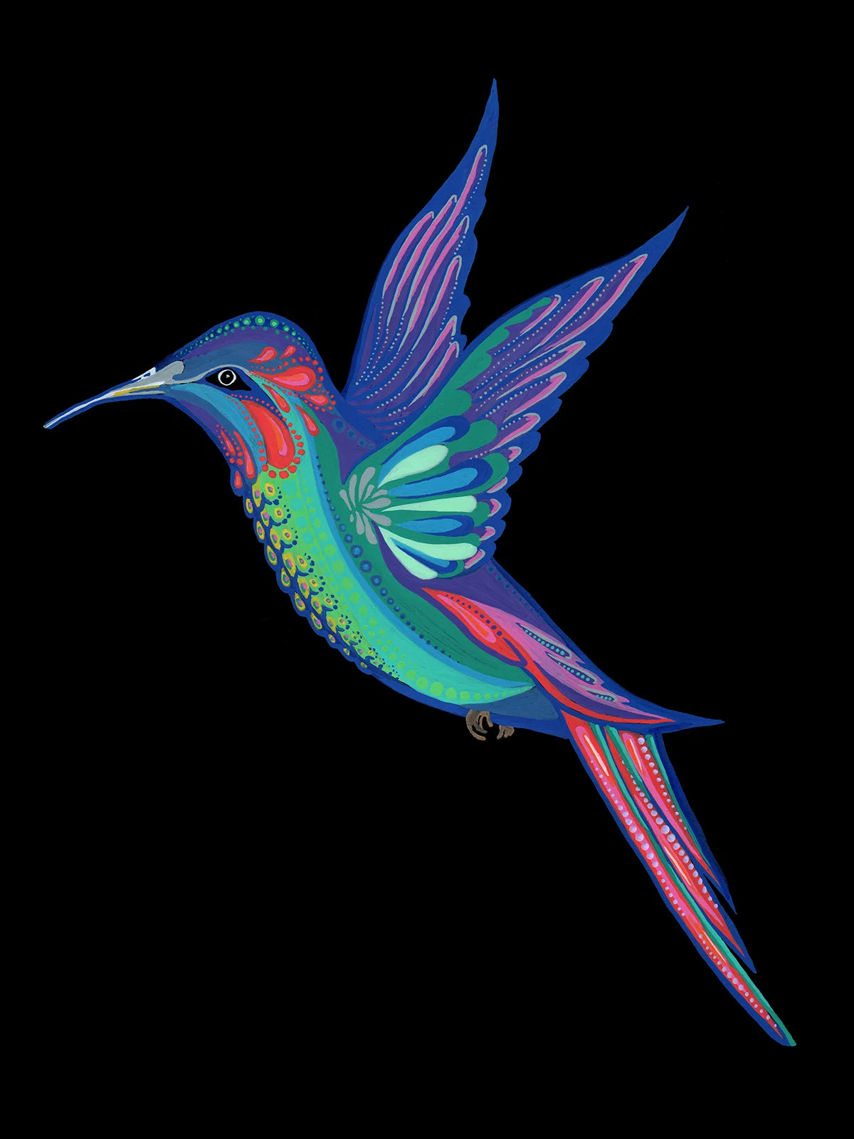 Original hand-drawn acrylic painting titled For Bayba by Neon Starling, featuring a highly detailed and vibrant hummingbird in mid-flight with bursting, layered patterns of blue, green, orange, and pink on a solid black background.