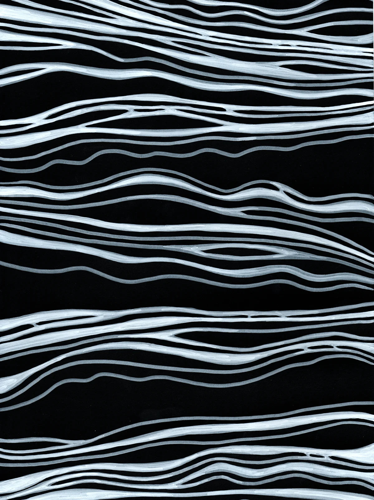 Original hand-drawn painting titled Gills by Neon Starling, featuring layers of striking white acrylic lines flowing in and out of each other on a deep black background, representing a macro view of the underside of a mushroom cap.