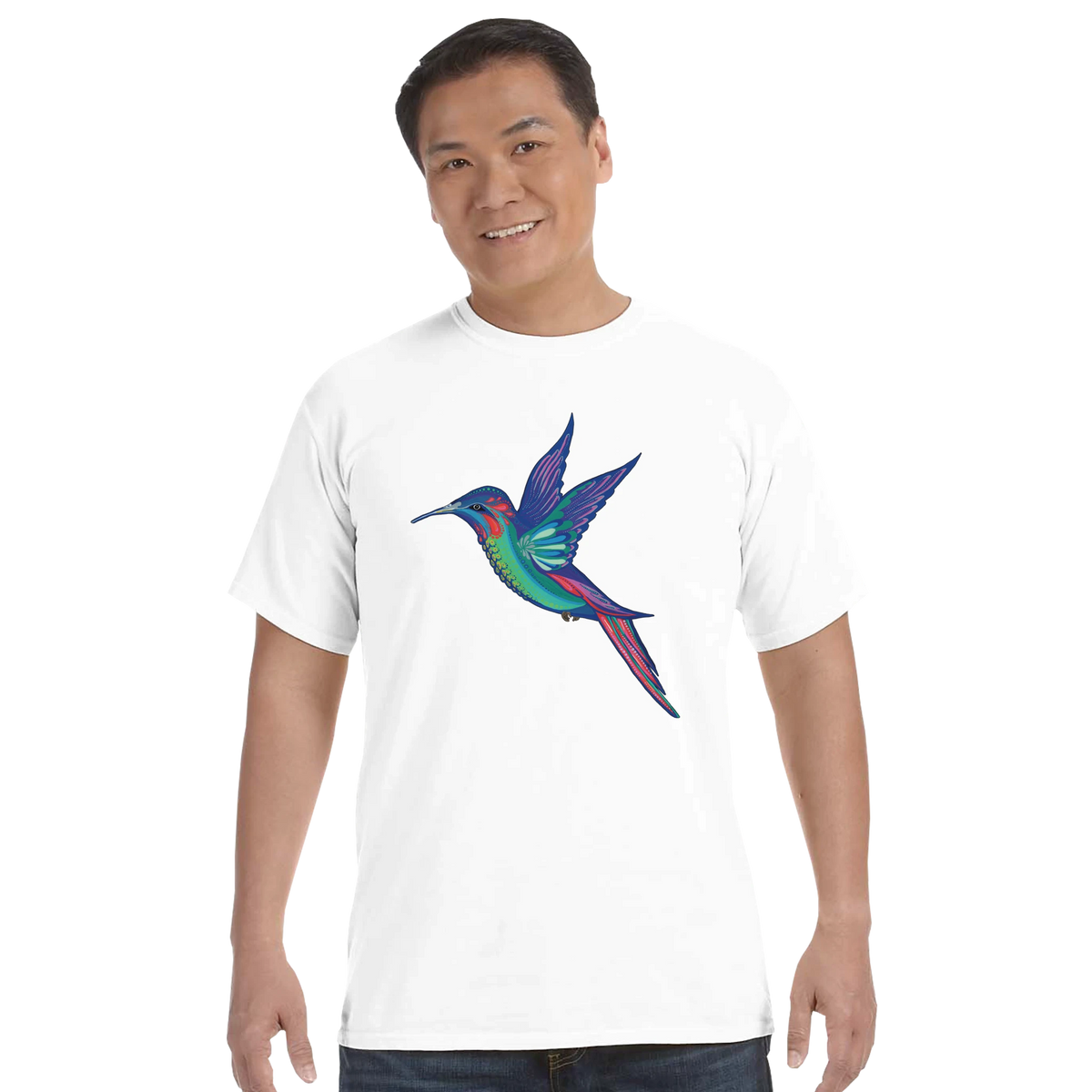 Adapted from an original handmade Neon Starling artwork and digitally edited by the original artist, For Bayba is an original hand-drawn work by Neon Starling that utilizes bursting, layered colors and the exuberance of the hummingbird to express the radiating joy of both loving and being loved. Original on Heavyweight Premium Tee - White.