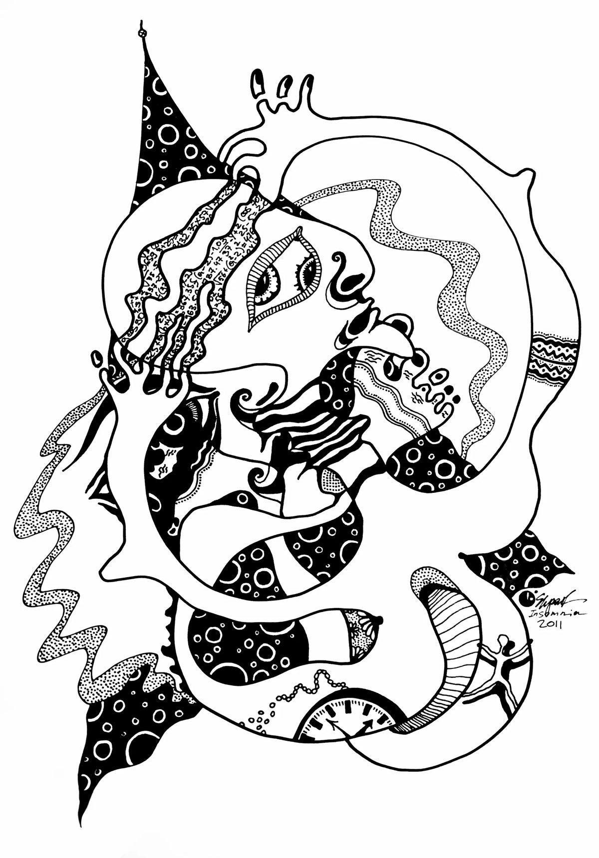 Black and white abstract line art illustration featuring a stylized face and flowing organic shapes with circular, wavy, and dotted patterns.