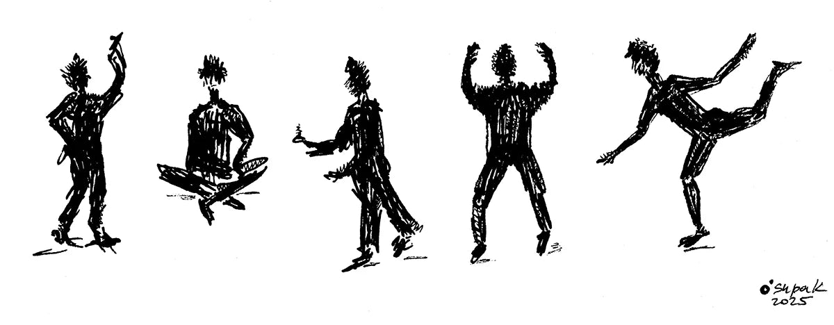 Original ink on paper drawing titled Joie de Vivre by Neon Starling, featuring five sequential black and white sketches of a textured, faceless silhouette dancing and moving dynamically across a stark white background.