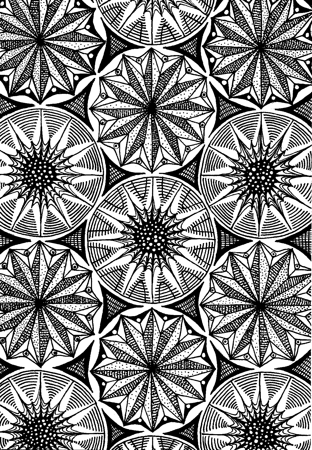Original hand-drawn ink drawing titled Kumiko Snowflakes by Neon Starling, featuring an intricate, repetitive geometric pattern of black and white abstract snowflakes inspired by traditional Japanese woodworking.