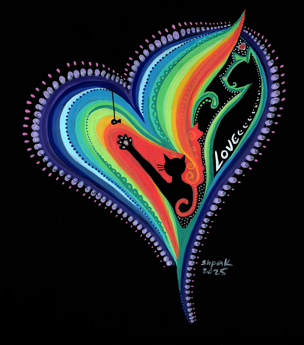 Deeply personal original acrylic on ink artwork titled Love No.9 by Neon Starling, featuring a vibrant rainbow heart filled with intricate patterns, a stylized triad of black cats, and the hand-written word 'LOVE' on a solid black background.