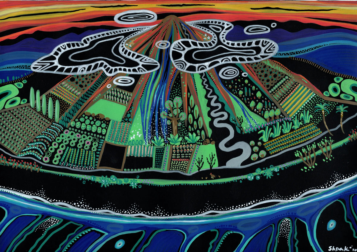 A vibrant, hand-drawn folk art illustration of a mountain landscape, featuring stylized green fields, winding roads, and a sunset sky.