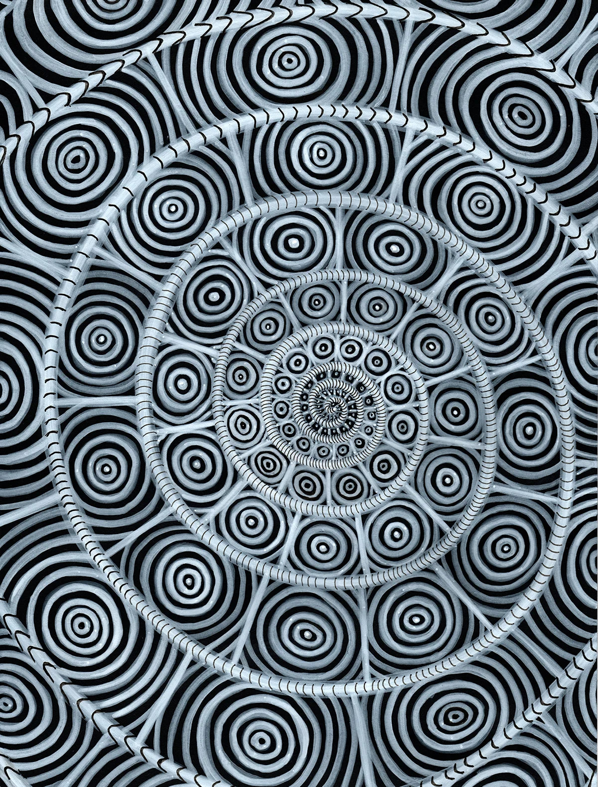 Original hand-drawn painting titled Nautilus by Neon Starling, featuring an intricate Fibonacci sequence spiral of vibrating eye-like shapes and contrasting white acrylic ink lines over a deep black background.