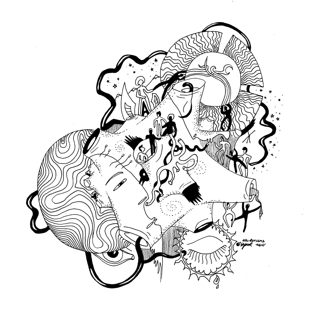 Black and white abstract line art illustration featuring stylized faces, flowing lines, and organic shapes on a plain white background.
