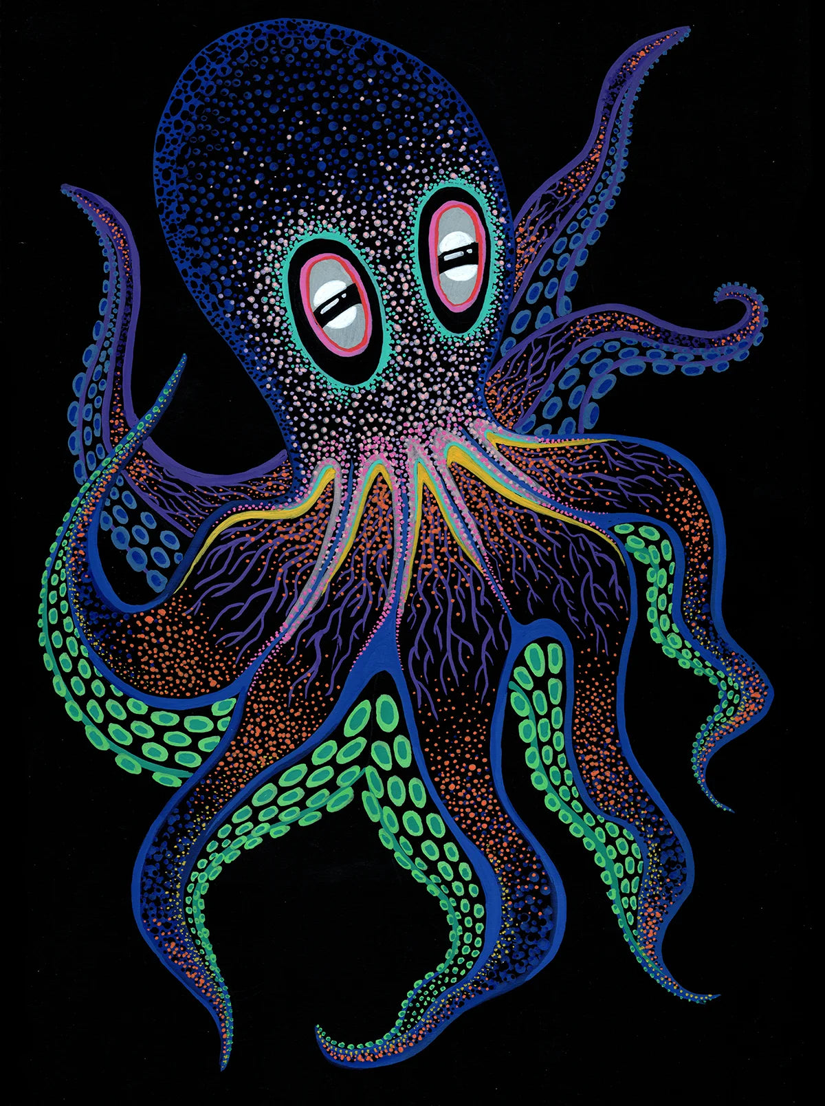 Original hand-drawn painting titled Octopus No.8 by Neon Starling, featuring a vibrant octopus with flowing blue, green, and orange gradients, detailed textures, and hand-pixelated dot shading floating against a stark black background.