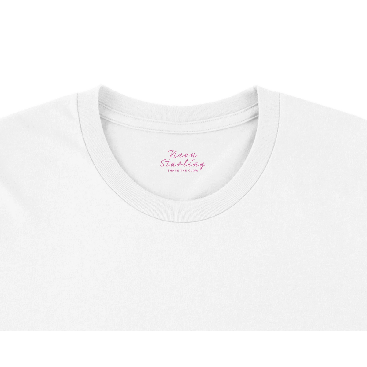 Close-up of a white crewneck t-shirt showing the pink printed logo that reads 'Neon Starling' and 'SHARE THE GLOW'.