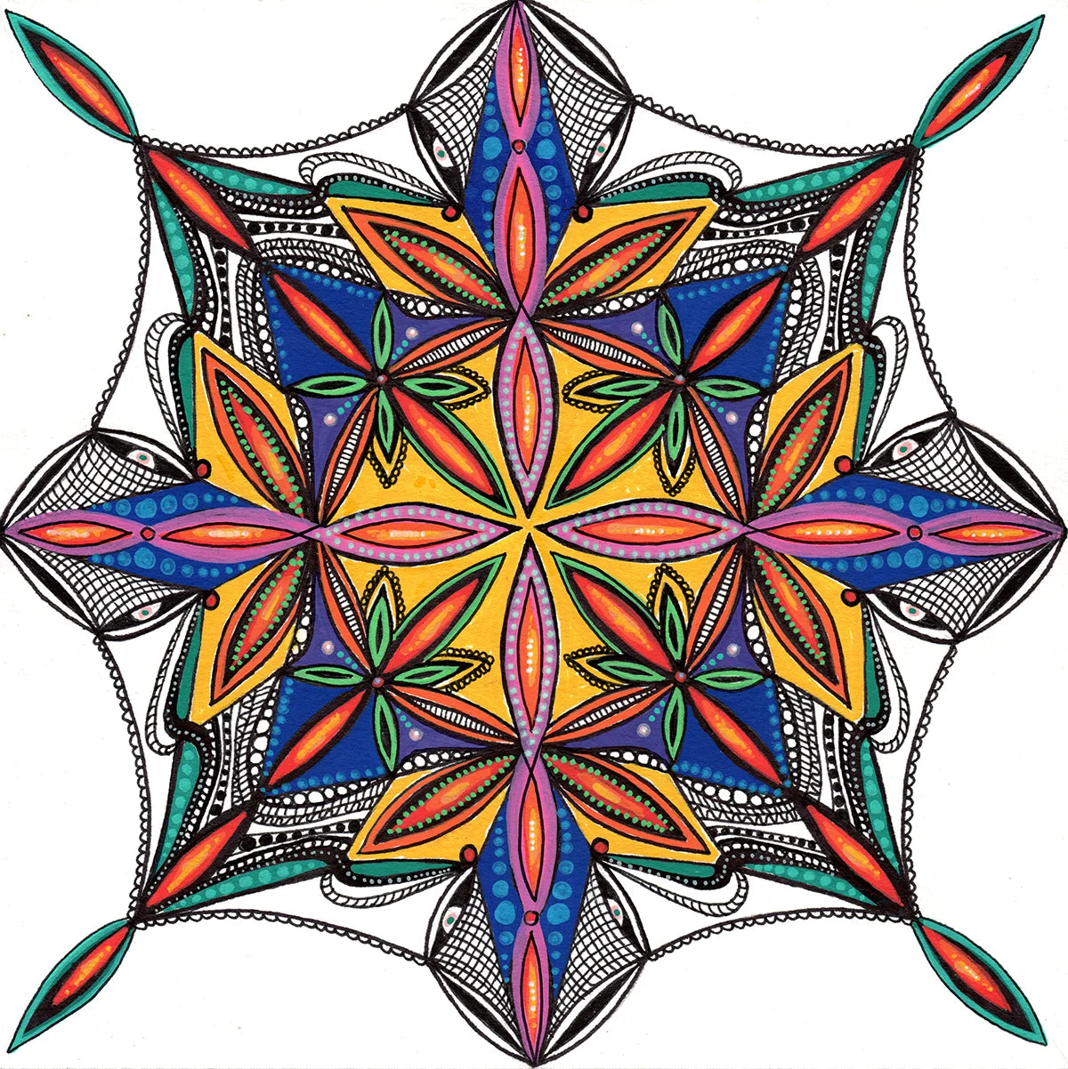 Original ink and acrylic painting titled El Parasol by Neon Starling, featuring a highly detailed, kaleidoscopic top-down view of a vibrant umbrella with a layered topography of brilliant colors and structured geometric line art.
