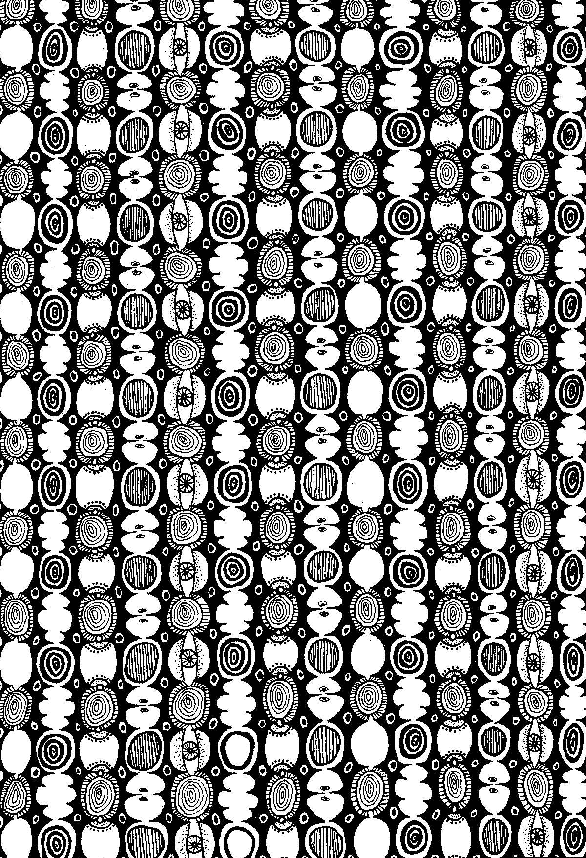 Original black ink drawing titled Peepers by Neon Starling, featuring an intricate, rhythmic pattern of repeating vertical columns filled with hand-drawn geometric eye motifs, abstract shapes, and stylized symbols on white paper.