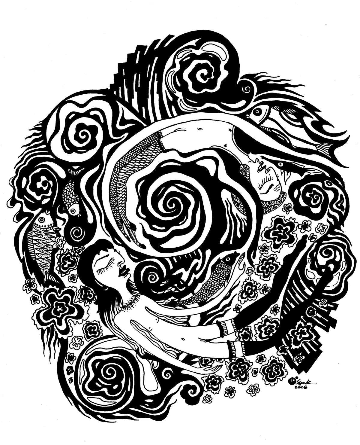 Black and white abstract art print featuring a stylized figure in a circular composition with swirling patterns, floral motifs, and fish-like forms on a plain white background.