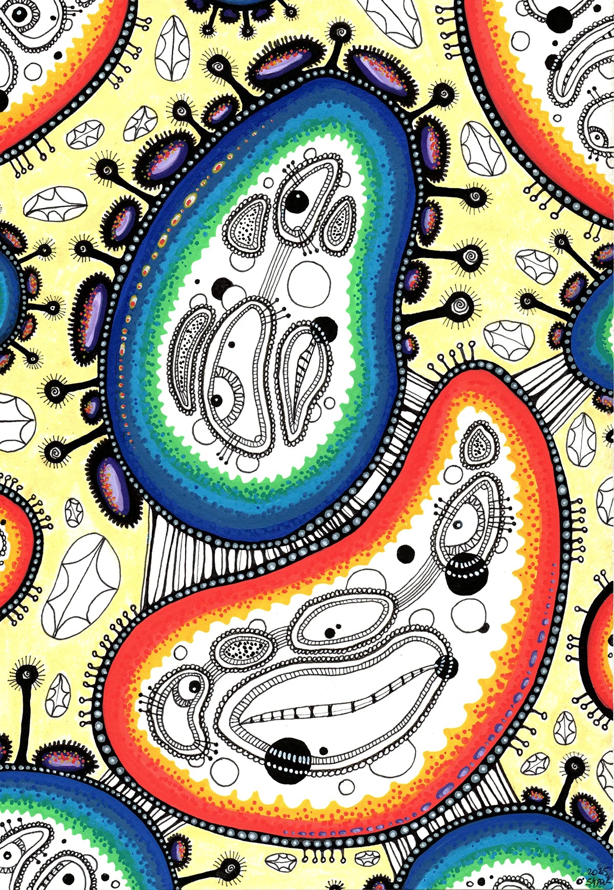 Original hand-drawn acrylic and ink painting titled Reverse Mitosis by Neon Starling, showcasing an intricate microcosm of cellular shapes with vibrant blue, green, and orange gradients over a creamy, albumin-colored background with detailed black line art.