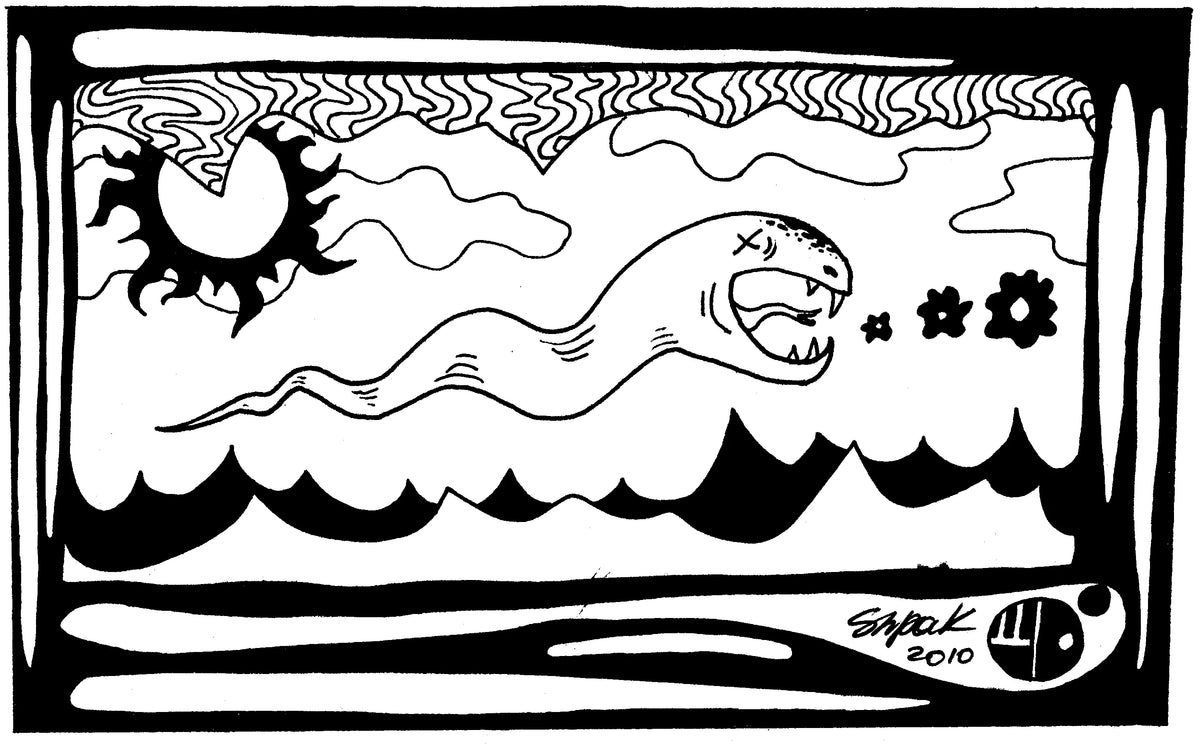 Black and white hand-drawn illustration featuring a shark swimming over wavy water, with a stylized sun in the upper left and abstract wave patterns across the sky. 