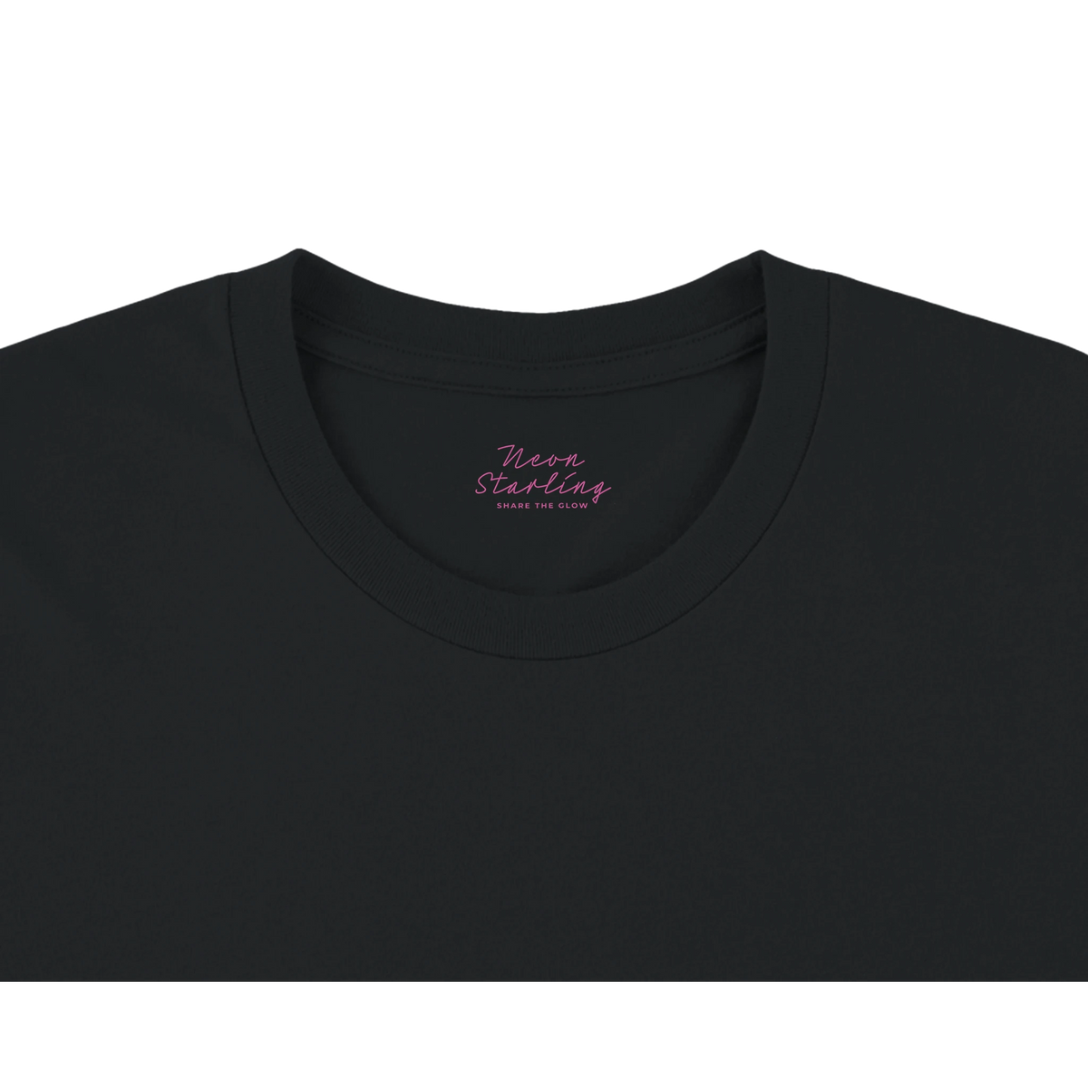 Close-up of a black crewneck t-shirt showing the pink printed logo that reads 'Neon Starling' and 'SHARE THE GLOW'.