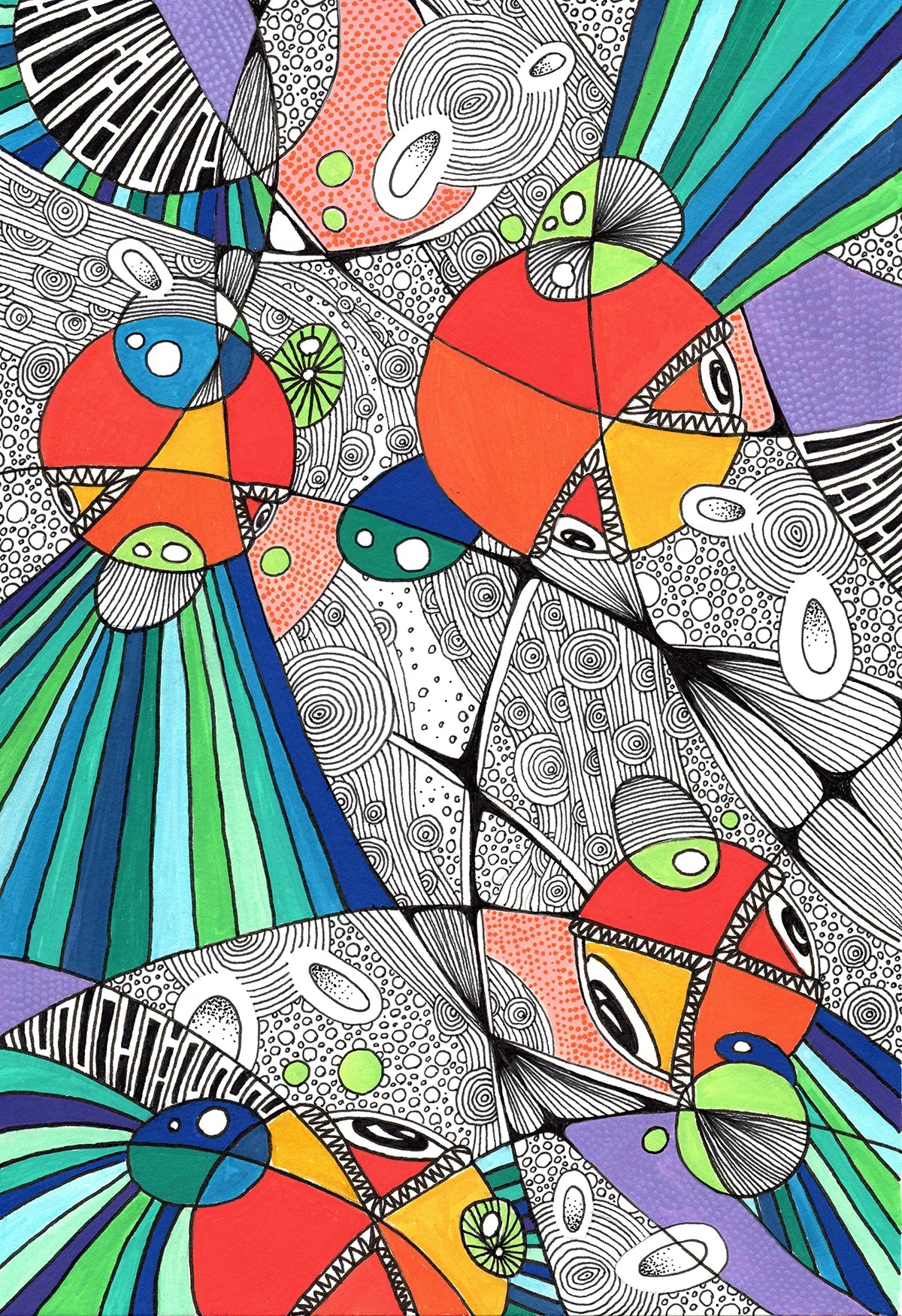 Original hand-drawn ink and acrylic painting titled Technicolor Space Piano by Neon Starling, featuring a vivid abstract composition of bold bounding lines, brilliant colors, radiant geometric shapes, and observant eye motifs flowing through a textured background.