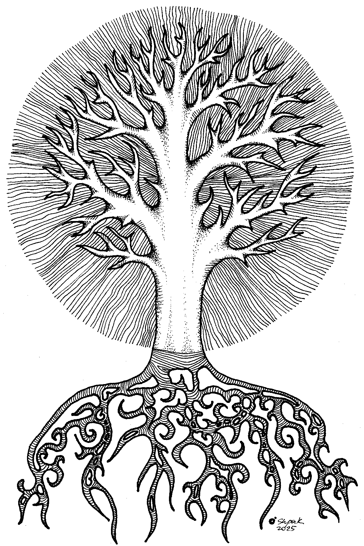 Original hand-drawn black ink drawing titled Tree of Life has Tribal Roots by Yulia Shpak, featuring an intricate tree with detailed line-shaded branches, an imperfectly round radiant halo, and strong, highly stylized tribal-patterned roots on a solid white background.