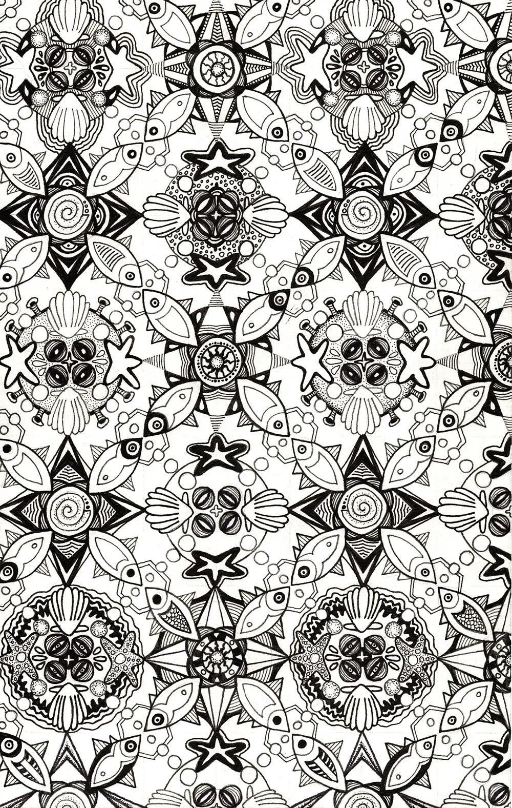 Black and white seamless pattern featuring intricate hand-drawn marine life zentangle, mandala, and floral doodle designs.