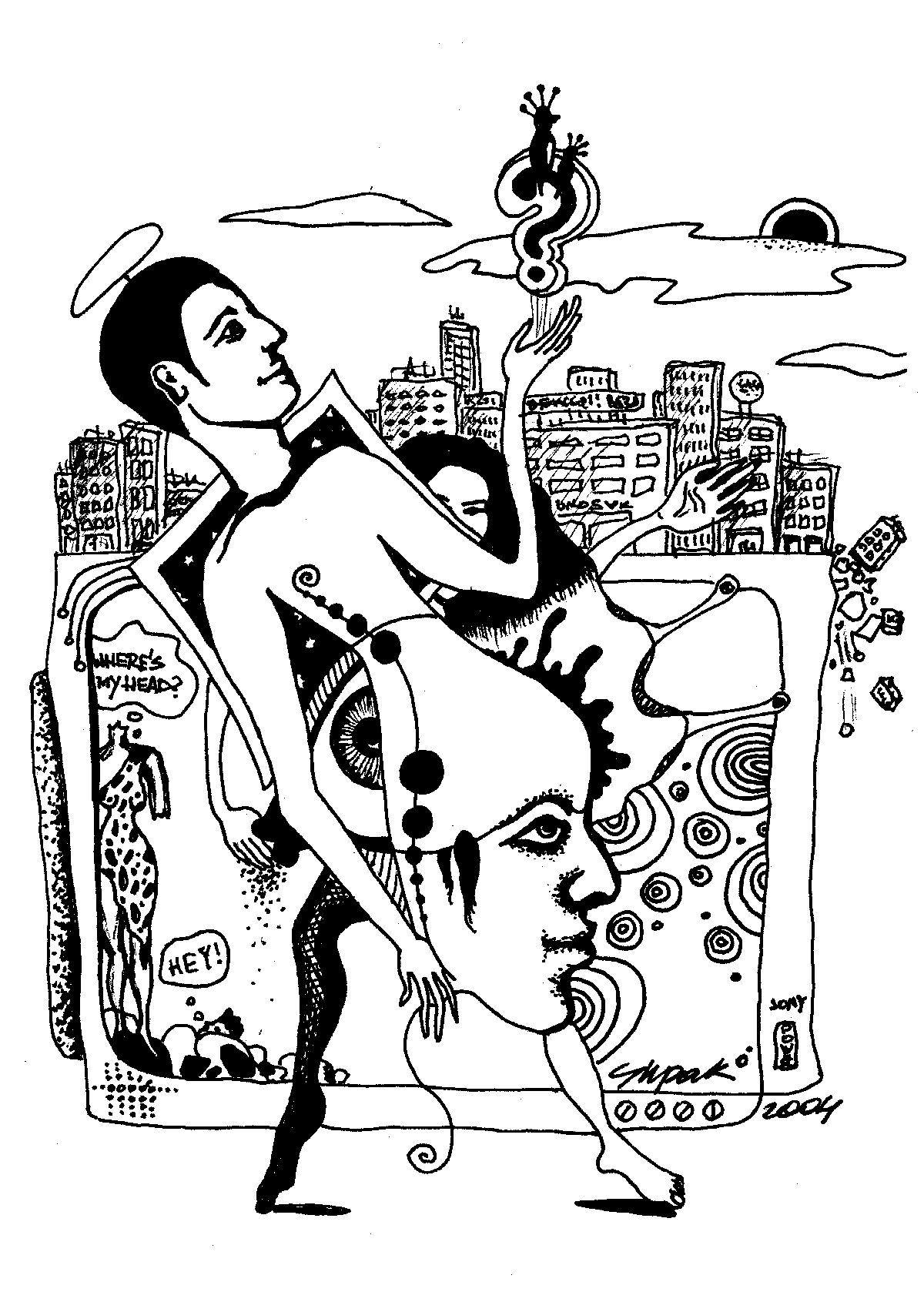 Original 2004 black ink on paper drawing titled Where's My Head? by Yulia Shpak, featuring an expressive, surreal composition of intertwined human figures, an abstract cityscape background, floating eyes, text elements, and a question mark symbol.