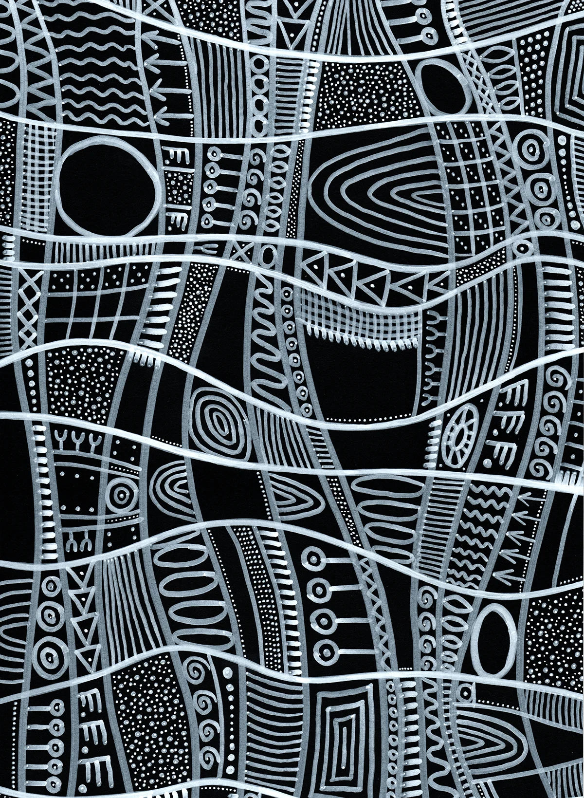 Original hand-drawn 2025 painting titled Yulia's Worldmap by Yulia Shpak, featuring an intricate, interconnected patchwork of geometric shapes, dots, waves, and tribal-like textures painted in white acrylic ink on a deep black background.